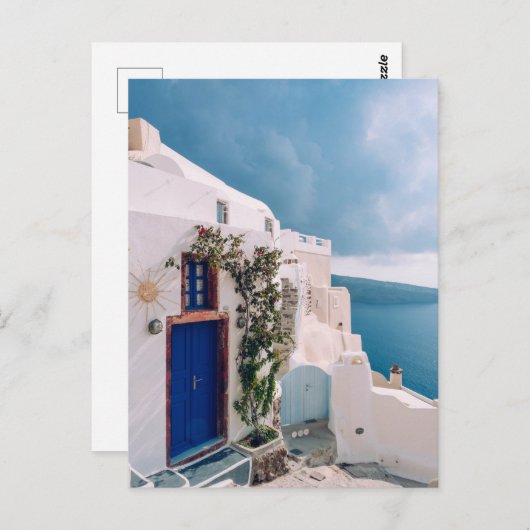 Santorini Griekenland - blauwe deur naar santorini Briefkaart (Voorkant / Achterkant)