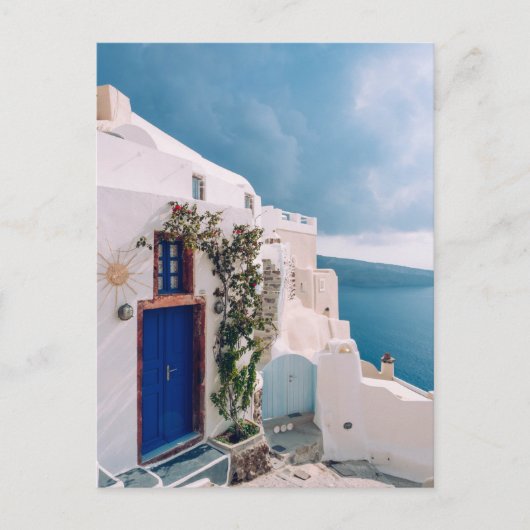 Santorini Griekenland - blauwe deur naar santorini Briefkaart (Voorkant)