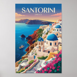 Santorini Griekenland Blauwe Koepel Reis Kunst Vin Poster