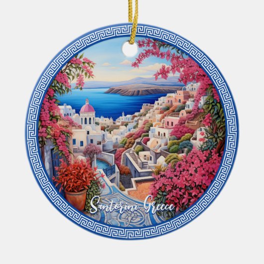 Santorini Griekenland Bougainvillea Schilderij Rei Keramisch Ornament (Voorkant)