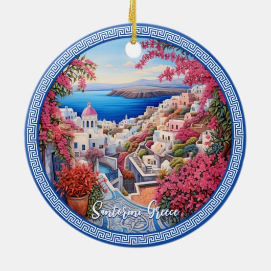 Santorini Griekenland Bougainvillea Schilderij Rei Keramisch Ornament (Achterkant)