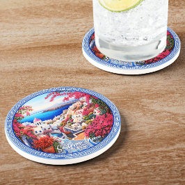 Santorini Griekenland Bougainvillea Schilderij Rei Zandsteen Onderzetter