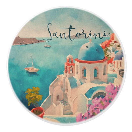 Santorini Griekenland Eiland Waterverf Reizen Souv Keramische Knop (Voorkant)