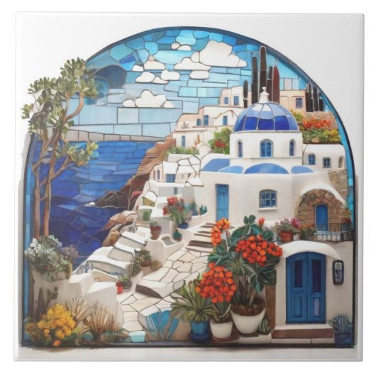 Santorini Griekenland Faux Mosaic Arch, Grieks dor Tegeltje (Voorkant)