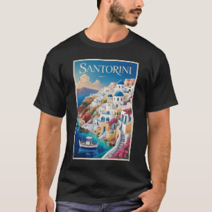 Santorini Griekenland Illustratie Reis Kunst Vinta T-shirt