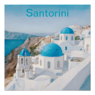 Santorini, Griekenland, met blauwe koepels Perfect Poster