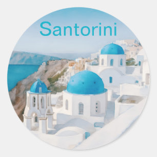 Santorini, Griekenland, met iconische blauwe koepe Ronde Sticker