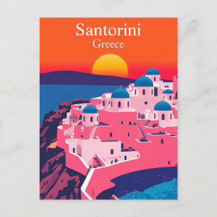Santorini, Griekenland Retro Reizen Oceaan Zonsond Briefkaart
