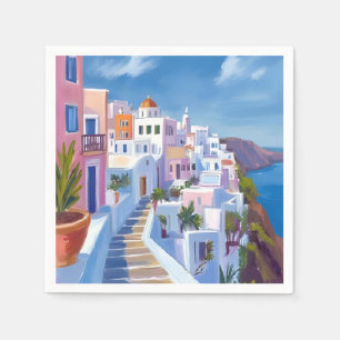 Santorini Griekenland Schilderij Waterverf Reizen Servet