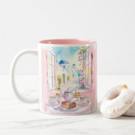 Santorini Griekenland Tourist Pink Cake Dessert Ca Tweekleurige Koffiemok