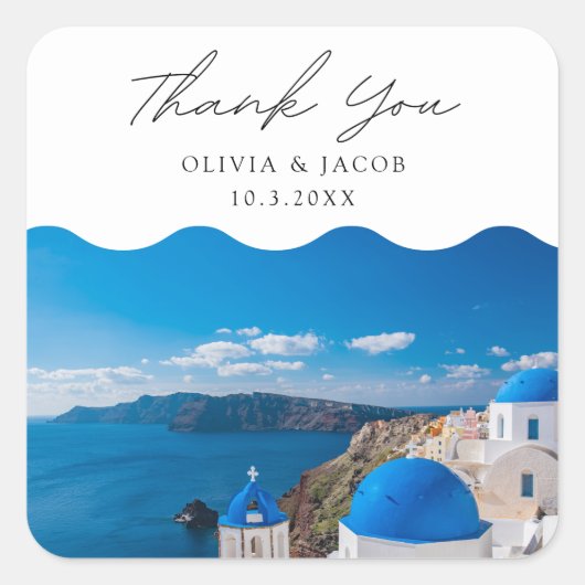 Santorini Griekenland Trouwbestemming Dank u Vierkante Sticker (Voorkant)