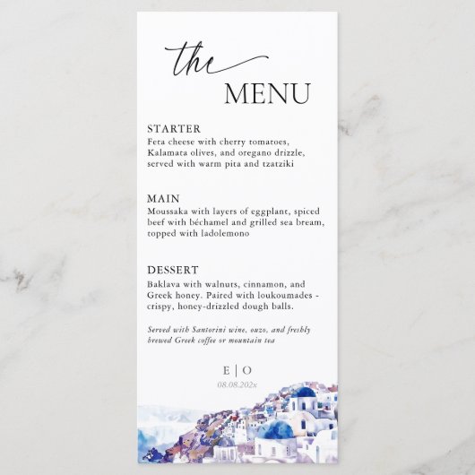 Santorini Griekenland Trouwbestemming Zomer Menu (Voorkant)
