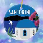 Santorini Griekenland — vintage-reisstijl Keramisch Ornament<br><div class="desc">Santorini,  Griekenland,  een kleurrijke illustratie in een vintage reisstijl legt dit prachtige Griekse eiland vast met een klassiek blauw en wit gebouw,  een bloeiende bougainvillea,  een cactus en een oceaanuitzicht met bergen. De naam Santorini staat bovenaan in een  decolettertype.</div>