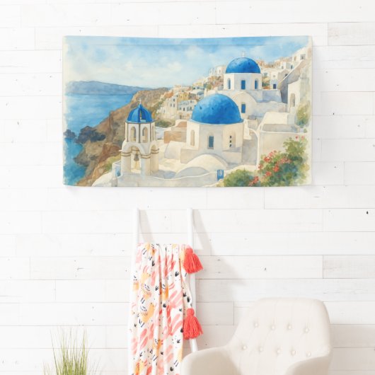 Santorini Griekenland Watercolor  Blauwe Koepelker Spandoek (Insitu)