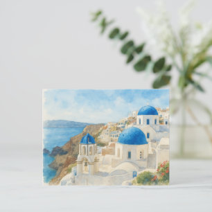 Santorini Griekenland Watercolor Kaart, Blauwe Koe Briefkaart