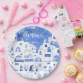 Santorini Griekenland Waterverf Aangepaste tekst Papieren Bordje (Feest)