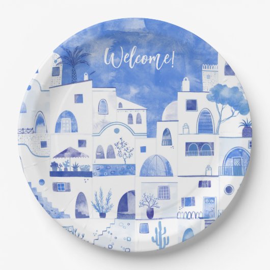 Santorini Griekenland Waterverf Aangepaste tekst Papieren Bordje (Voorkant)