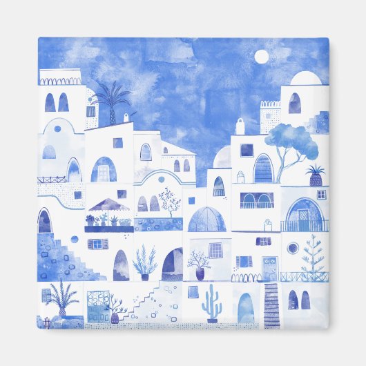 Santorini Griekenland Waterverf Art Blauw en Wit Magneet (Voorkant)