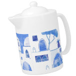 Santorini Griekenland Waterverf Blue White Theepot<br><div class="desc">Een modern blauw en wit schilderij van Oia op het verbluffende Griekse eiland Santorini. Originele kunst van Nic Squirrell.</div>