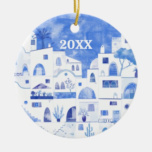 Santorini Griekenland Waterverf Datum Middellandse Keramisch Ornament (Voorkant)