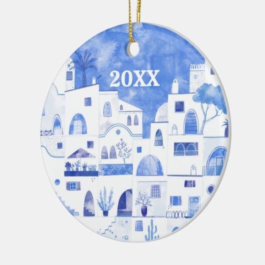 Santorini Griekenland Waterverf Datum Middellandse Keramisch Ornament (Links)