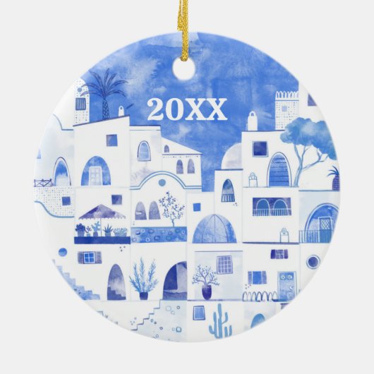 Santorini Griekenland Waterverf Datum Middellandse Keramisch Ornament (Achterkant)