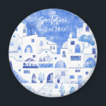 Santorini Griekenland Waterverf Keepsake Magneet<br><div class="desc">Een waterverf stadslandschapsschilderij van Oia op het prachtige Griekse eiland Santorini. Wijzig de datum om te personaliseren. Perfect als aandenken.</div>