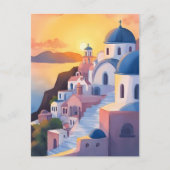 Santorini, Griekenland | Waterverf kustlijn zonson Briefkaart (Voorkant)