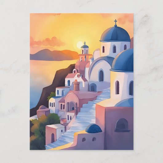 Santorini, Griekenland | Waterverf kustlijn zonson Briefkaart (Voorkant)