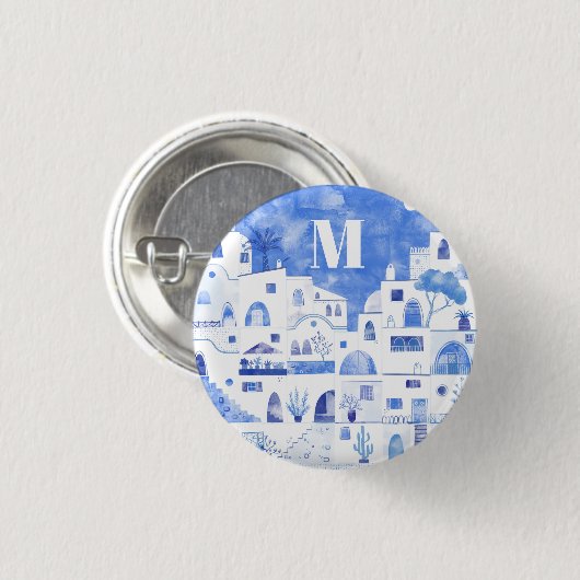 Santorini Griekenland Waterverf Monogram Ronde Button 3,2 Cm (Voorkant /achterkant)