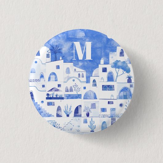 Santorini Griekenland Waterverf Monogram Ronde Button 3,2 Cm (Voorkant)