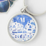 Santorini Griekenland Waterverf Monogram Sleutelhanger<br><div class="desc">Een waterverf stadslandschapsschilderij van het prachtige Griekse eiland Santorini. Originele kunst van Nic Squirrell. Wijzig het monogram initiaal om het te personaliseren.</div>