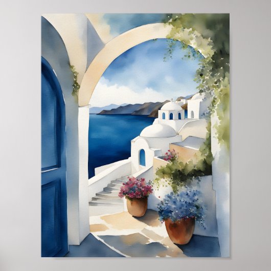 Santorini Griekenland Waterverf Poster (Voorkant)