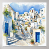 Santorini Griekenland Waterverf Schilderij Vierkan Poster (Voorkant)