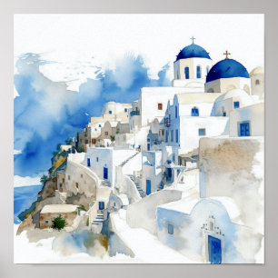 Santorini Griekenland Waterverf Schilderij Vierkan Poster