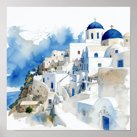 Santorini Griekenland Waterverf Schilderij Vierkan Poster (Voorkant)