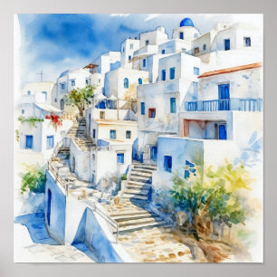 Santorini Griekenland Waterverf Schilderij Vierkan Poster
