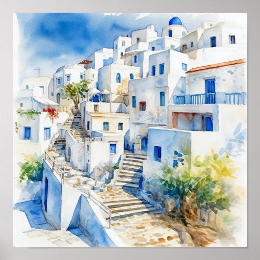 Santorini Griekenland Waterverf Schilderij Vierkan Poster (Voorkant)