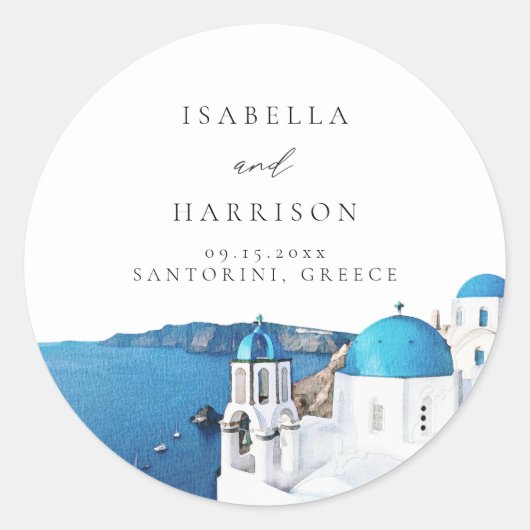 SANTORINI GRIEKENLAND Waterverf Skyline Bestemming Ronde Sticker (Voorkant)