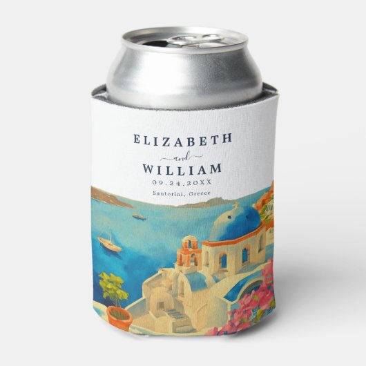 Santorini Griekenland Waterverf Skyline Bruiloft Blikjeskoeler (Blikje Voorkant)