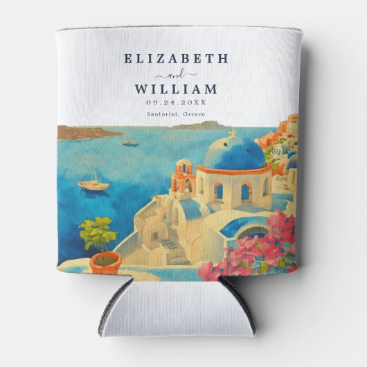 Santorini Griekenland Waterverf Skyline Bruiloft Blikjeskoeler (Voorkant)