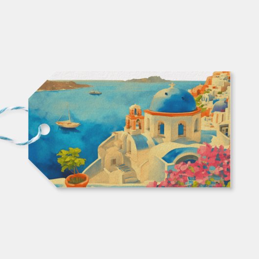 Santorini Griekenland Waterverf Skyline Bruiloft Cadeaulabel (Achterkant Horizontaal)
