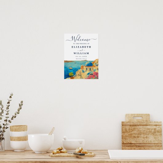 Santorini Griekenland Waterverf Skyline Bruiloft Poster (Keuken)