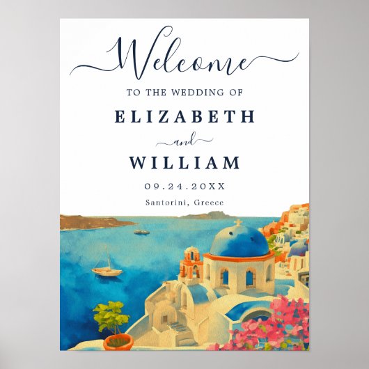 Santorini Griekenland Waterverf Skyline Bruiloft Poster (Voorkant)