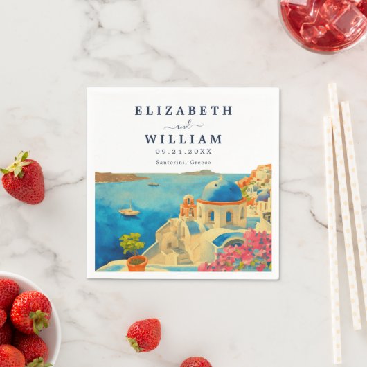 Santorini Griekenland Waterverf Skyline Bruiloft Servet (Insitu)