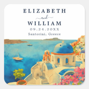 Santorini Griekenland Waterverf Skyline Bruiloft Vierkante Sticker