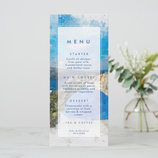 Santorini, Griekenland zomer bruiloft menu kaarten (Staand voorkant)