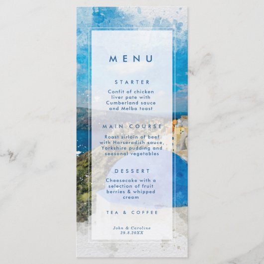 Santorini, Griekenland zomer bruiloft menu kaarten (Voorkant)