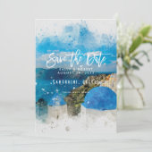 Santorini Griekenland zomer bruiloft save the date Bedankkaart (Staand voorkant)