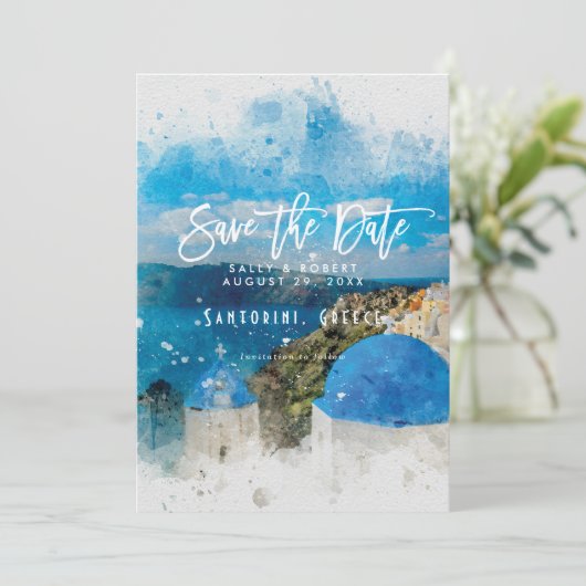 Santorini Griekenland zomer bruiloft save the date Bedankkaart (Staand voorkant)